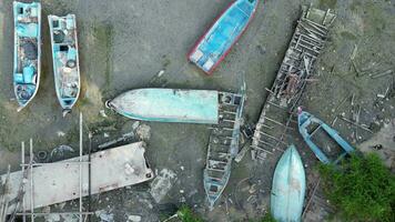 Aerial view abandoned fishing boat video
