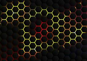 Red and yellow  bee honey shapes. Honeycomb beehive with hexagon grid cells on black background vector