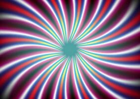 Abstract swirling radial pattern background of pink, yellow, red and green stripes. Helix sunburst vector background