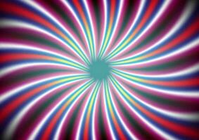 Abstract swirling radial pattern background of pink, yellow, red and green stripes. Helix sunburst vector background