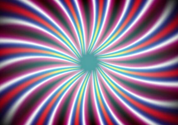 Abstract swirling radial pattern background of pink, yellow, red and green stripes. Helix sunburst vector background