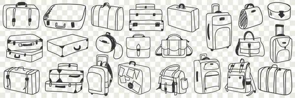 Suitcase traveling luggage doodle set. Collection of hand drawn various suitcases of different shapes and styles for trips in rows isolated on transparent background vector