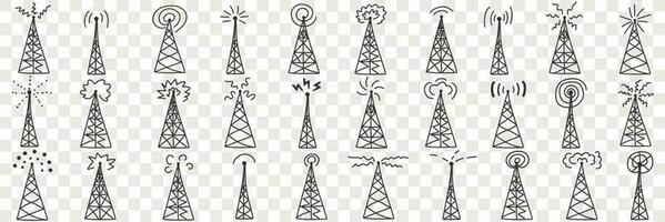 Fir tree with signals on top doodle set. Collection of hand drawn various fir trees or out power transmission different signals on tops in rows isolated on transparent background vector