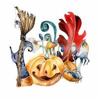 Witchcraft composition with colorful plants watercolor illustration isolated on white. Red leaf, pumpkin with mushroom, broom, witch boot hand drawn. Design element for Halloween collection, sticker. vector