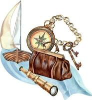 Composition of adventure items vintage style watercolor illustration isolated on white. Compass, spyglass, sailboat, handle bag, chain hand drawn. Childish design, element for boy's print, postcard vector