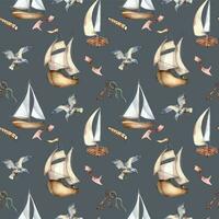 Seamless pattern of sailing boats vintage style watercolor illustration isolated on black vector