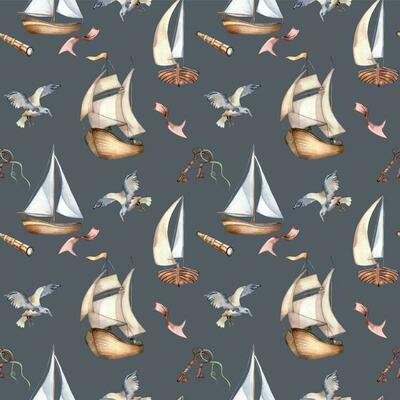 Seamless pattern of sailing boats vintage style watercolor illustration isolated on black