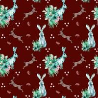 bosque animal liebre, Conejo acuarela sin costura modelo aislado en rojo. invierno rojo bayas, agujas, conífero mano dibujado. elementos para diseño textil, imprimir, fondo, Navidad envase, papel. vector