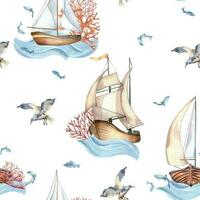 Seamless pattern of sailing ship vintage style watercolor illustration isolated on white. Sailboat, vessel on waves, coral, fish hand drawn. Childish design element, wallpaper, printed products vector