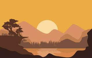 Landscape with a beautiful sunset on the background of mountains and a lake. vector