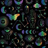 Seamless pattern Mystical moon icons phases and woman hands and moth, alchemy esoteric magic space, vector neon isolated on black background