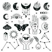 místico Luna conjunto íconos etapas y mujer manos y polilla, alquimia esotérico magia espacio, vector negro aislado en blanco antecedentes