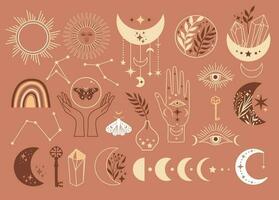 Mystical moon phases set icons and woman hands and moth, alchemy esoteric magic space, vector isolated on beige background