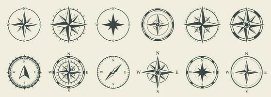 Windrose Silhouette Icon Set. Compass Nautical Navigator Cartography Glyph Pictogram. Rose Wind Navigator Icon. Adventure Direction to North South West East Sign. Isolated Vector Illustration.