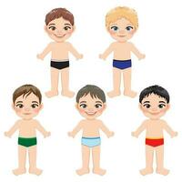 Set of diverse boys body front side template. Boys in men s underwear isolated on white background vector