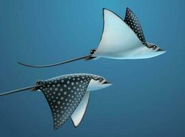 Realistic stingrays flapping their sides under deep water, 3d illustration vector