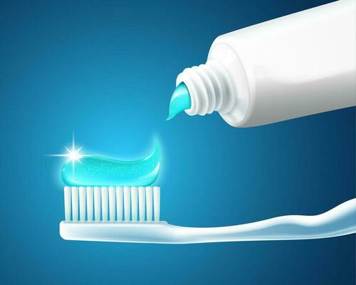 Squeezed toothpaste on toothbrush over blue background in 3d illustration