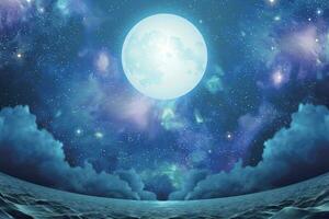 Surreal seascape with beautiful nebula, silver full moon and shimmering sea surface in fisheye view, 3d illustration vector