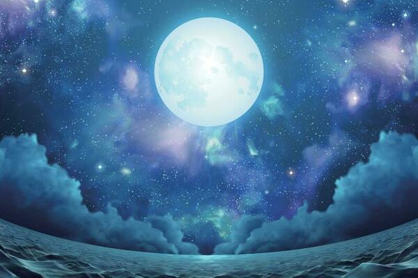 Surreal seascape with beautiful nebula, silver full moon and shimmering sea surface in fisheye view, 3d illustration
