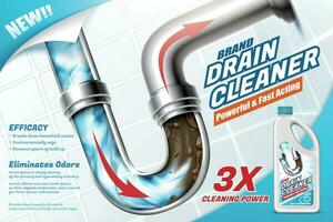 Ad template for drain cleaner, with powerful chemical agent unclogging dirty water pipe, 3d illustration vector