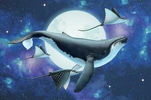 Surreal scene of humpback whale with stingrays flying through the silver moon in beautiful cosmos, 3d illustration vector