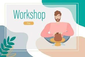 Young man take workshop pottery - banner in flat style vector