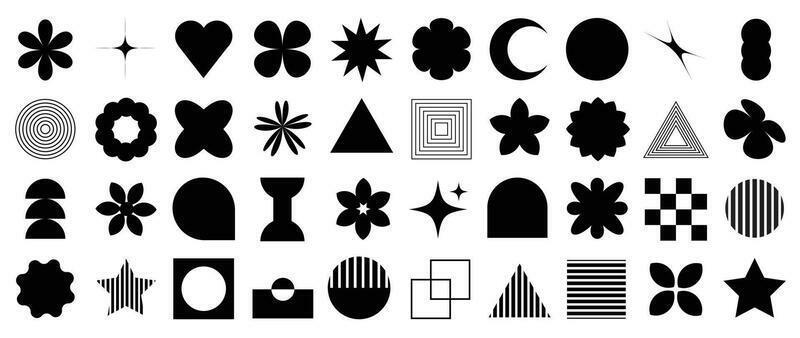 Collection of geometric shapes on white background. Abstract black color icon element of star, sparkling, different shapes, moon, sun, heart. Icon graphic design for decoration, logo, business, ads.