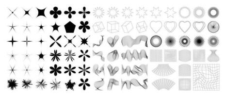Set of geometric shapes in trendy 90s style. Black trendy design with frame, sparkles, heart, flower, star, lines. Y2k aesthetic element illustrated for banners, social media, poster design, sticker. vector