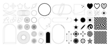 conjunto de geométrico formas en de moda 90s estilo. negro de moda diseño con marco, destellos, círculo, corazón, luna, líneas. y2k estético elemento ilustrado para pancartas, social medios de comunicación, póster diseño, pegatina. vector