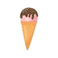 Ice cream with chocolate in a waffle cone on a white background. Vector illustration. Poster or banner for website. Sweet design elements, isolated on white background.