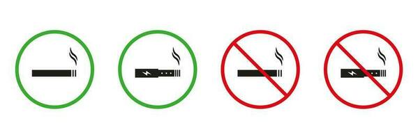 de fumar zona rojo y verde señales. de fumar tabaco, nicotina cigarrillo, vaping silueta íconos colocar. permitido y prohibido fumar zona pictograma. aislado vector ilustración.