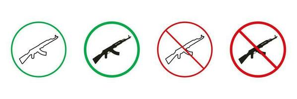 Ak47 Red and Green Warning Signs. Weapon, Assault Rifle Line and Silhouette Icons Set. Allowed and Prohibited Machine Gun Pictogram. AK 47 Kalashnikov Sign. Isolated Vector Illustration.