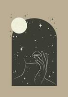 Mystical drawing with face, moon and stars poster. Design for tarot card, magic boho illustration. Astrology or sacred art. Magic occult esoteric style. vector