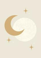 Mystical drawing of moon and crescent moon poster. Full moon boho minimalist printable wall art. Geometric abstract celestial card vector