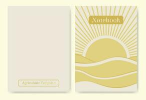 Sunny valley landscape background notebook cover. Nature environment poster design. Seamless using mock-up, easy to re-size. Vector illustration