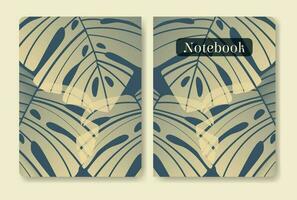 Botanical art gradient aesthetic illustration notebook cover. Monstera leaves print. Easy to use mock-up, simple to re-size. Vector illustration