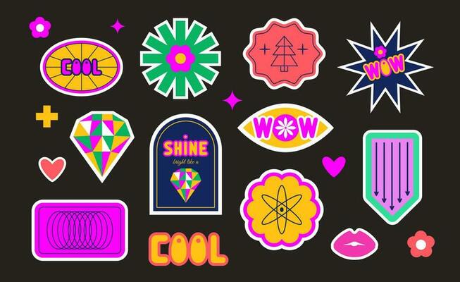 Set of retro futuristic stickers, labels, patches, geometric shapes, playful abstract geometry. 60s, 70s, 80s, 90s. Bright vivid acid colors.