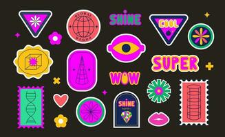 Set of retro futuristic stickers, labels, patches, geometric shapes, playful abstract geometry. 60s, 70s, 80s, 90s. Bright vivid acid colors. Nostalgia vintage icons vector