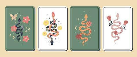 Beautiful snakes with flowers. Magic witch tarot cards. Insects, celestial symbols. Mystical esoteric symbols. Halloween. vector