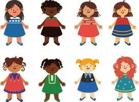 set of children, Cute little girls with different hairstyles and clothes vector illustration.