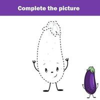 Complete the picture children educational game, coloring page. Kids activity sheet with eggplant. Printable drawing worksheet vector