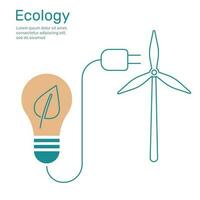 Leaf in Light bulb with plug to wind turbine, ecology concept nature conservation. Vector design illustration.