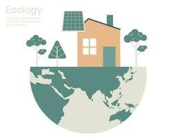 House with solar panel and tree on globe, Green city life ecology concept. Vector design illustration.