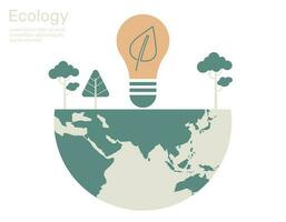 Leaves in light bulb and tree on earth, Green city life ecology concept. Vector design illustration.