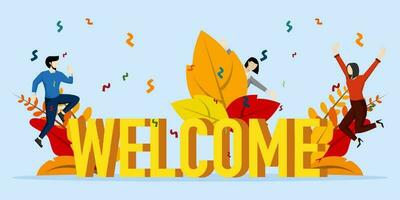 New team member concept, new team member, word greeting, people celebrating, for web page, banner, presentation, social media, document, card, poster. meeting. Vector flat illustration.