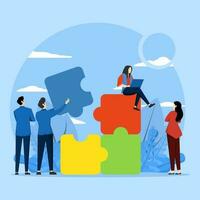 Concept of teamwork in business. Team metaphor. people connecting puzzle elements. Vector illustration flat design style. Symbol of teamwork, cooperation, partnership.