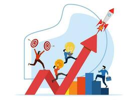 teamwork on start-up project startup. people running rocket, investment, idea, new project launch metaphor. the company launched a new acceleration product started. vector illustration teamwork