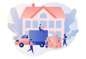 Tiny people moved to new home. Cardboard boxes with various things. Moving concept. Transporting things and objects in the truck. Modern flat cartoon style. Vector illustration on white background