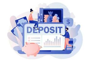 Online Deposit concept. Tiny people put money in bank safe with dollars. Longterm money saving finance. Bank account, banking, bank security, safety. Modern flat cartoon style. Vector illustration