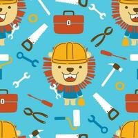 Seamless pattern vector of funny lion in builder costume with worker tools.